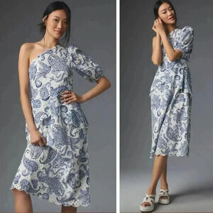 NEW Anthropologie FARM Rio One Shoulder Eyelet Midi Dress Blue Paisley Motif